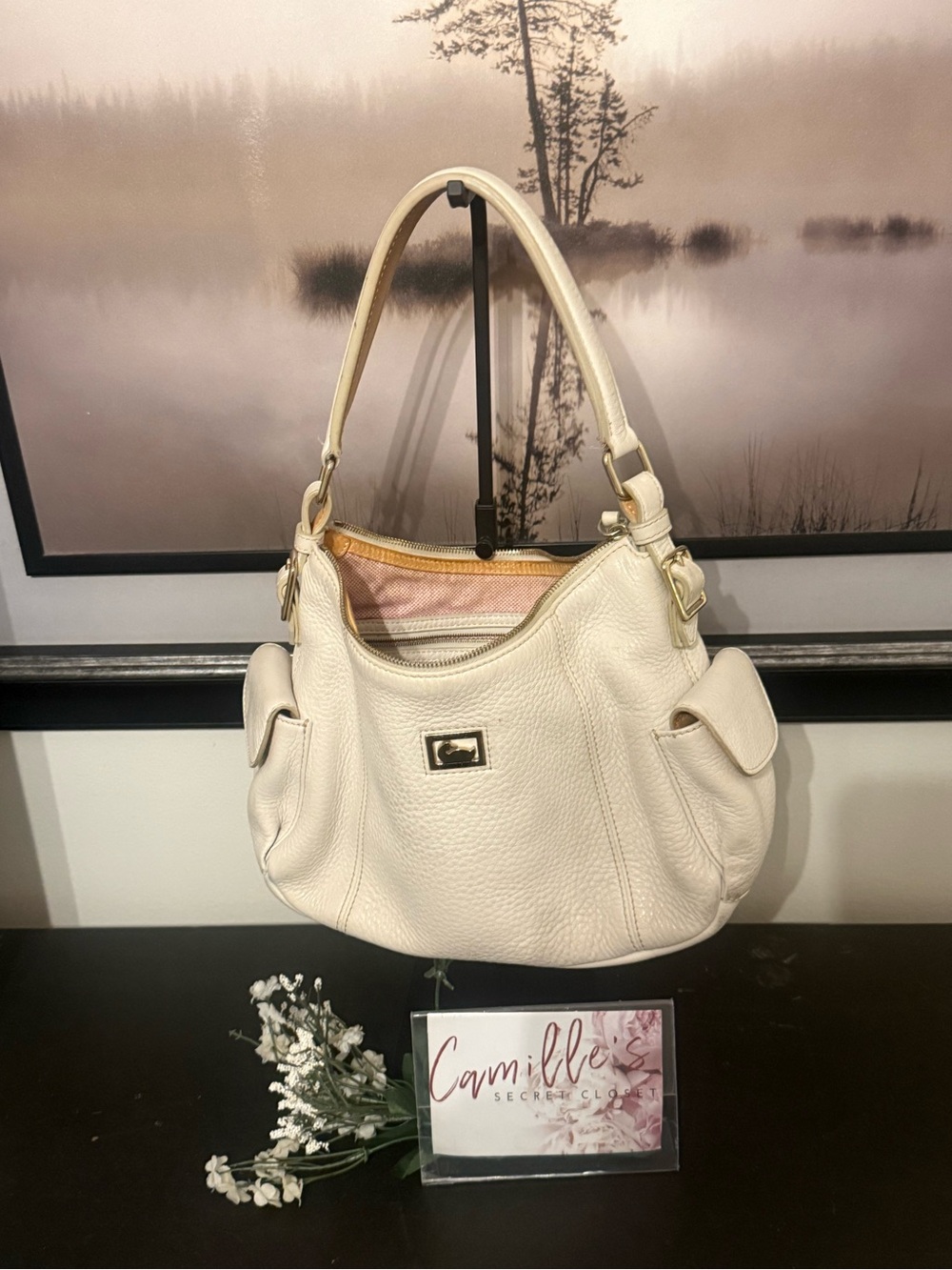 Dooney & Bourke Cream Leather Shoulder Bag with Gold Hardware